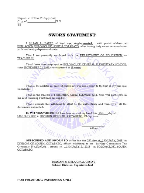 REPUBLIC OF THE PHILIPPINES) CITY OF ) S.S. SWORN .